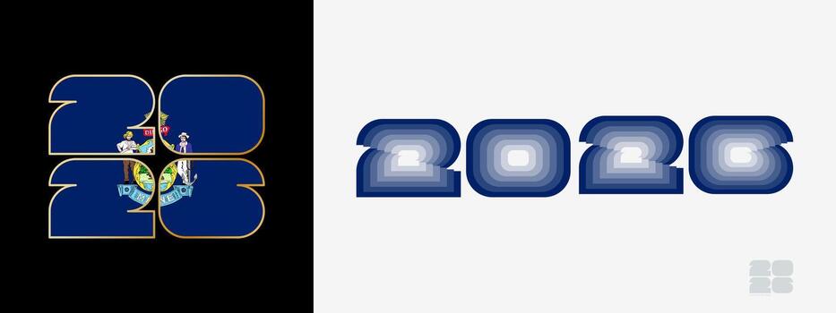 año 2026 con bandera de Maine y en color paladar de Maine bandera. contento nuevo año 2026 en dos diferente estilo. vector