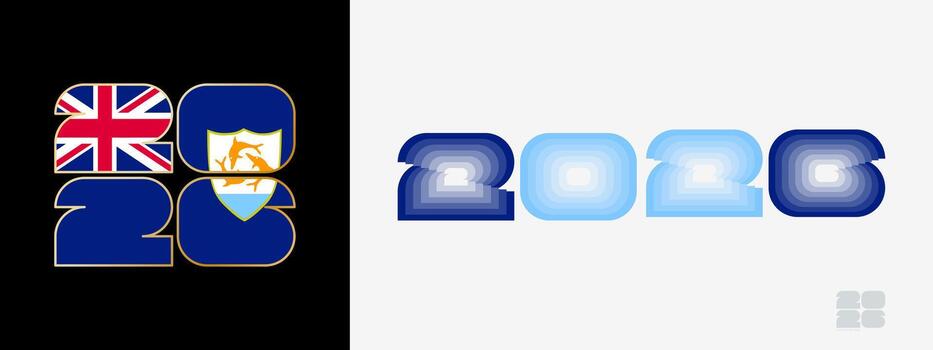 Year 2026 with flag of Anguilla and in color palate of Anguilla flag. Happy New Year 2026 in two different style. vector