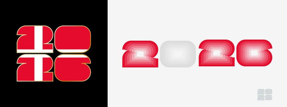 Year 2026 with flag of Denmark and in color palate of Denmark flag. Happy New Year 2026 in two different style. vector