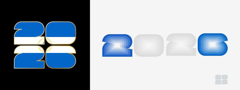 Year 2026 with flag of Nicaragua and in color palate of Nicaragua flag. Happy New Year 2026 in two different style. vector