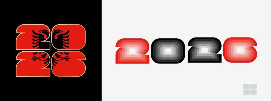 Year 2026 with flag of Albania and in color palate of Albania flag. Happy New Year 2026 in two different style. vector