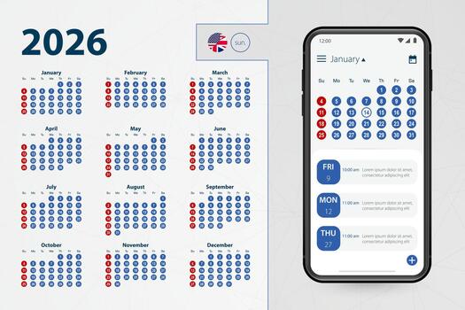 Calendar application for Smartphone. calendar 2026 week starts from Sunday, English language. vector