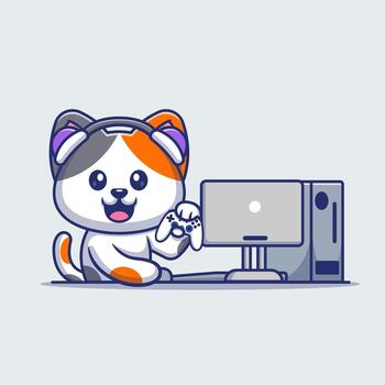 linda gato jugando juego en computadora con controlador y auricular dibujos animados vector