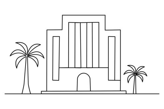 One line drawing of building with palm trees vector
