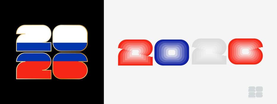 Year 2026 with flag of Russia and in color palate of Russia flag. Happy New Year 2026 in two different style. vector