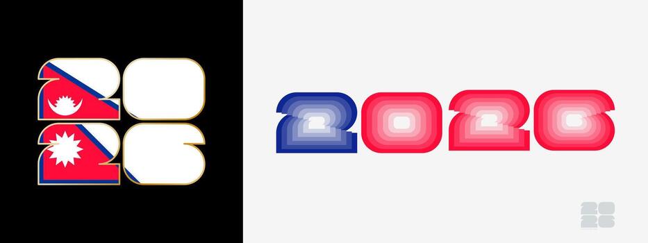 Year 2026 with flag of Nepal and in color palate of Nepal flag. Happy New Year 2026 in two different style. vector