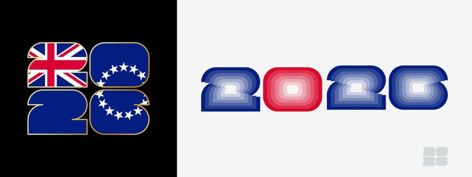 Year 2026 with flag of Cook Islands and in color palate of Cook Islands flag. Happy New Year 2026 in two different style. vector