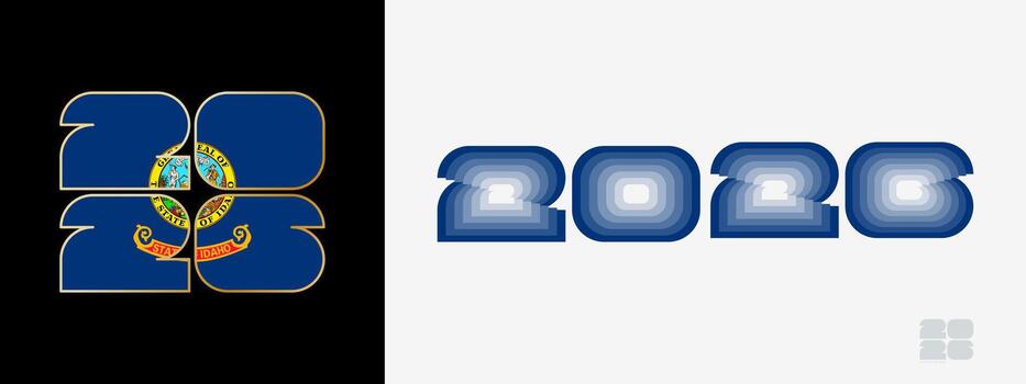 Year 2026 with flag of Idaho and in color palate of Idaho flag. Happy New Year 2026 in two different style. vector