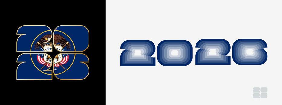 Year 2026 with flag of Utah and in color palate of Utah flag. Happy New Year 2026 in two different style. vector