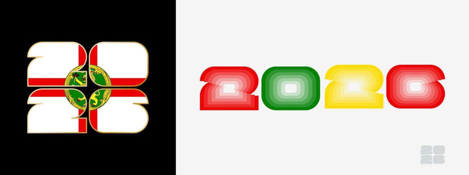 Year 2026 with flag of Alderney and in color palate of Alderney flag. Happy New Year 2026 in two different style. vector