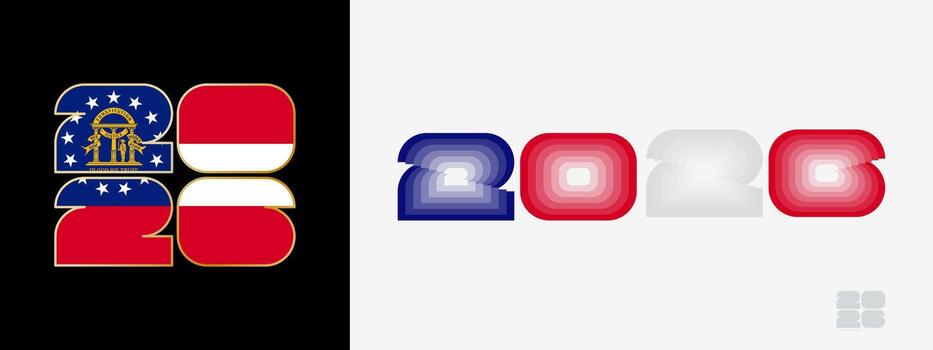 Year 2026 with flag of US state Georgia and in color palate of Georgia flag. Happy New Year 2026 in two different style. vector