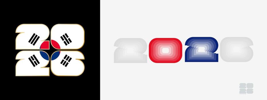 Year 2026 with flag of South Korea and in color palate of South Korea flag. Happy New Year 2026 in two different style. vector