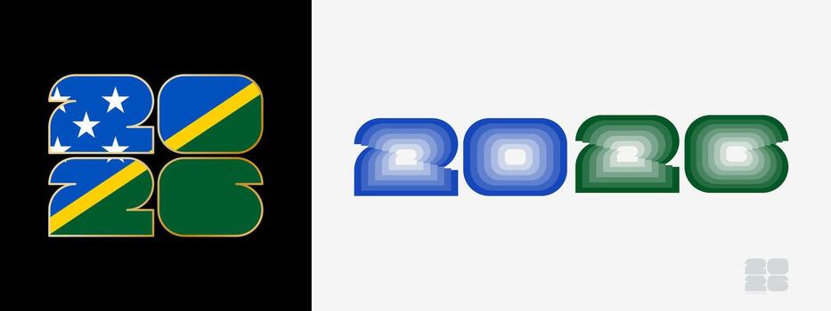 Year 2026 with flag of Solomon Islands and in color palate of Solomon Islands flag. Happy New Year 2026 in two different style. vector