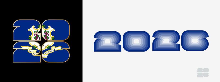 Year 2026 with flag of Connecticut and in color palate of Connecticut flag. Happy New Year 2026 in two different style. vector