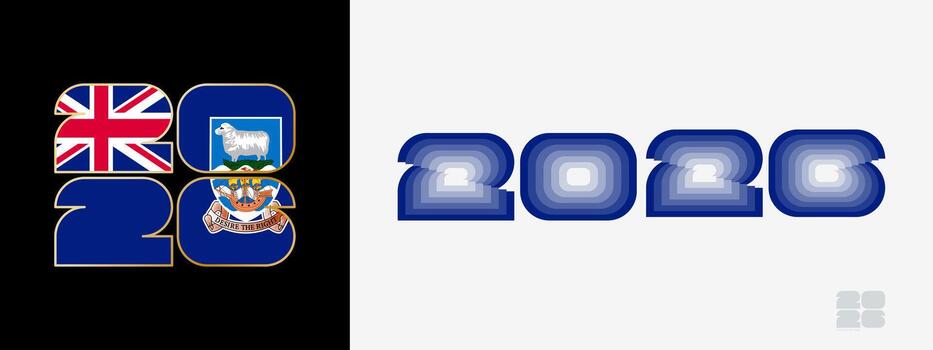Year 2026 with flag of Falkland Islands and in color palate of Falkland Islands flag. Happy New Year 2026 in two different style. vector