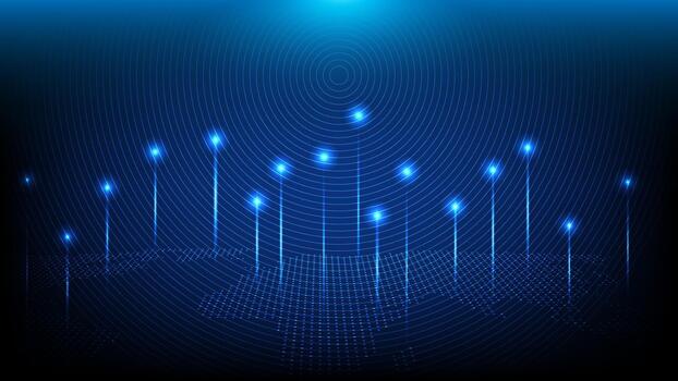 futurista global red visualización con brillante azul conexión puntos y un digital mundo mapa vector