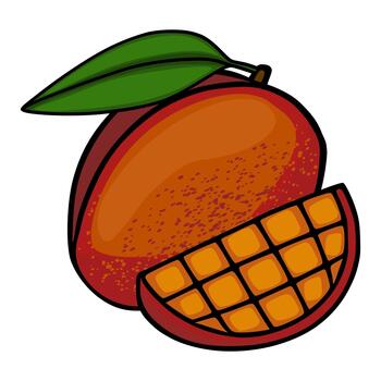 vibrante ilustración de un todo mango con un rebanado segmento, exhibiendo Rico naranja y rojo matices, un verde hoja, y un detallado cruzar sección con un cuadrícula modelo. vector