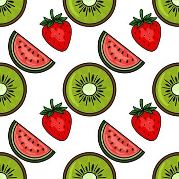 Seamless pattern featuring vibrant, stylized slices of watermelon and kiwi, interspersed with whole strawberries, on a clean white background. vector