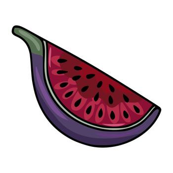 A stylized illustration of a ripe fig slice with visible seeds and a smooth, dark purple rind, featuring a subtle gradient of reds and purples within the flesh. vector