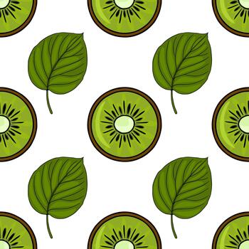 Seamless pattern of fresh kiwi slices and green leaves on a white background, showcasing vibrant green hues and distinct seed patterns within the fruit. vector