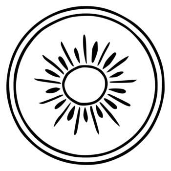 Minimalist illustration of a sunburst within a double lined circle, representing a stylized kiwi slice. vector