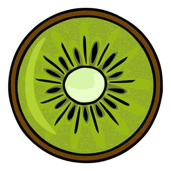Vibrant illustration of a sliced kiwi fruit with a textured green pulp and a light core, set against a white background. vector