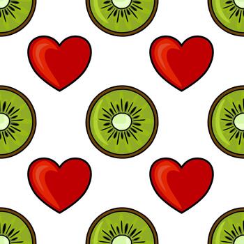 sin costura modelo presentando vibrante rojo corazones y cruzar secciones de jugoso kiwi frutas en un limpiar blanco antecedentes. vector
