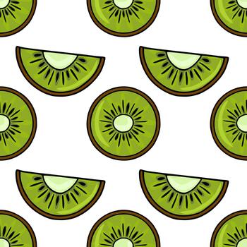 Seamless pattern featuring vibrant green kiwi slices with a textured interior and brown rind, arranged on a clean white background. vector