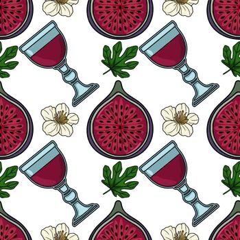 sin costura modelo de maduro higo rebanadas, delicado blanco flores, y lentes de oscuro rojo vino, acentuado con verde higo hojas, creando un refrescante y elegante composición. vector
