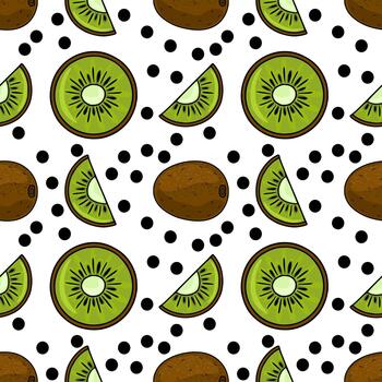 Seamless pattern featuring whole and sliced kiwi fruits with scattered black polka dots against a white background, showcasing a fresh, vibrant, and playful design. vector