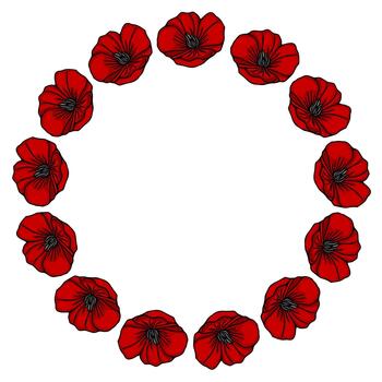 A vibrant wreath of red poppies with black outlines and grey centers, creating a bold floral frame on a white background. vector
