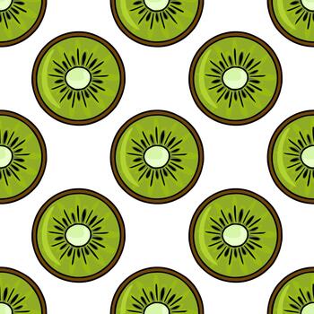 Seamless pattern of vibrant kiwi slices with detailed core and textured pulp on a clean white background. vector