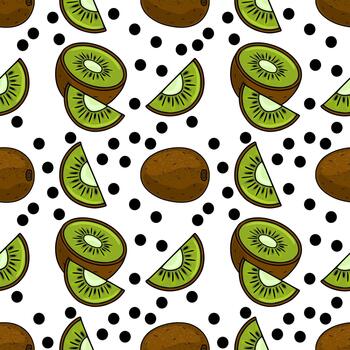 Seamless pattern featuring whole and sliced kiwis with scattered black dots on a white background. vector