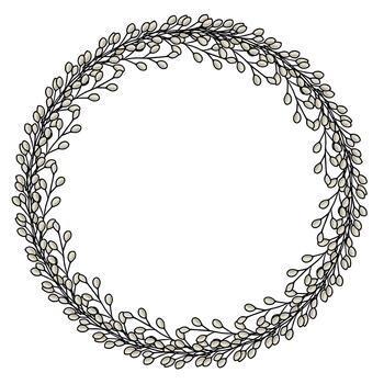 Delicate Willow Branches forming a Circular Wreath, illustration with a hand-drawn aesthetic and soft, muted color palette. vector