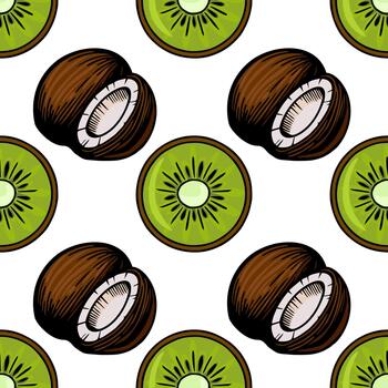 sin costura modelo presentando reducido a la mitad kiwis y todo cocos, prestados con un juguetón, mano dibujado estético y vibrante colores. vector