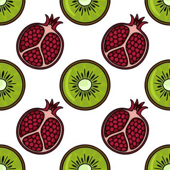A delightful pattern featuring halved pomegranates and sliced kiwis, creating a vibrant and fresh fruit background. vector