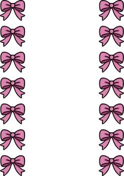 A charming illustration featuring a vertical border of repeating pink bows with subtle shading and thick black outlines, creating a playful and decorative element. vector