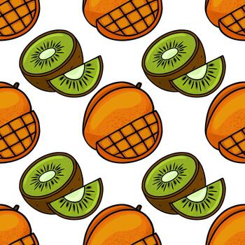 Seamless pattern featuring vibrant, stylized mango and kiwi fruit halves with a playful, textured appearance. vector