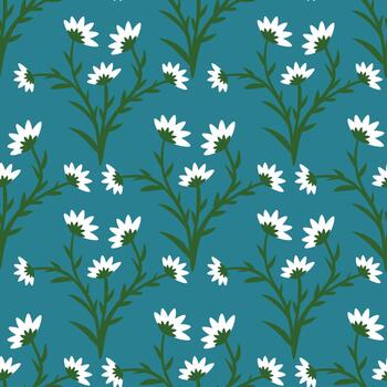 un minimalista modelo presentando blanco como una margarita flores con verde tallos y hojas en contra un verde azulado fondo, creando un sencillo aún elegante floral diseño. vector