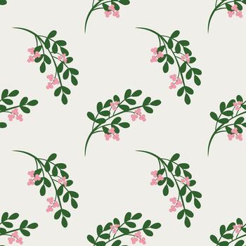 delicado modelo de arrastrando verde ramas con racimos de pequeño rosado flores en un nube bailarín antecedentes. vector