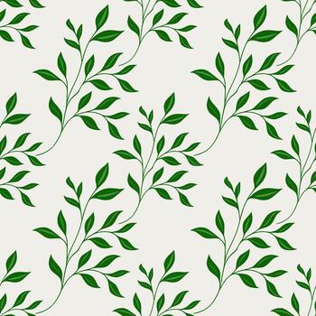 Seamless pattern of delicate green branches with leaves on a Cloud Dancer background, evoking a fresh and natural aesthetic. vector