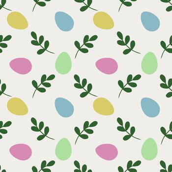 Seamless pattern of pastel Easter eggs and green sprigs on a Cloud Dancer background. vector