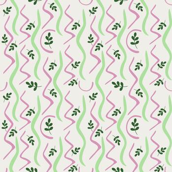 Seamless pattern of delicate green leaves interspersed with flowing pastel pink and light green abstract wavy lines on a Cloud Dancer background. vector