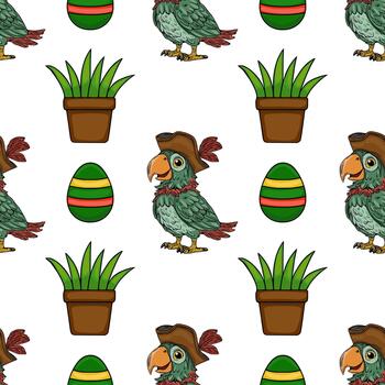 encantador modelo presentando un caprichoso pirata loro junto a en conserva plantas y decorativo huevos, creando un juguetón y festivo atmósfera. vector