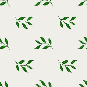 A minimalist pattern featuring repeating sprigs of dark green leaves on a Cloud Dancer background, creating a subtle organic texture. vector