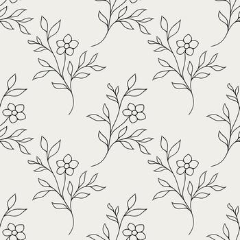A delicate and minimalist seamless pattern of thin black outline branches with simple five-petal flowers and leaves on a Cloud Dancer background, evoking a serene and natural aesthetic. vector