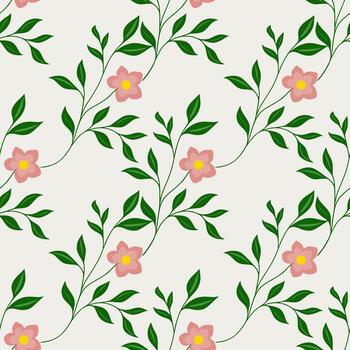 A delicate floral pattern featuring soft pink blossoms with yellow centers and lush green leaves on a Cloud Dancer background, creating a seamless and elegant repeating design. vector