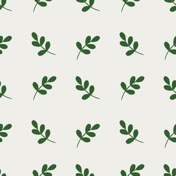 Minimalist seamless pattern of dark green small leaves on a Cloud Dancer background, creating a subtle botanical texture. vector