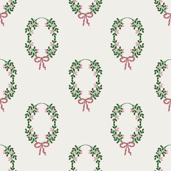 delicado modelo de simétrico verde ramas con pequeño rosado flores y un suave rosado cinta arco en un nube bailarín fondo, creando un encantador y amable estético. vector