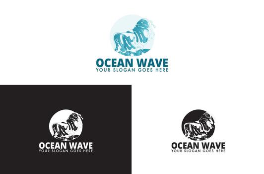 A dynamic ocean wave design crests powerfully inside a circular emblem, depicting the energetic motion of water. This graphic serves as a versatile logo element. vector